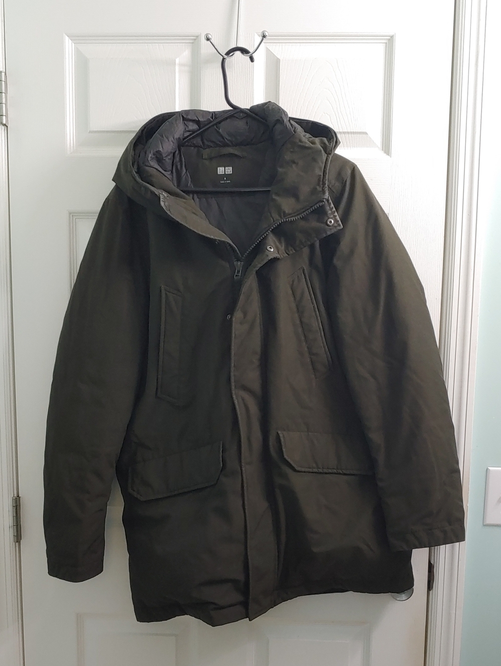 Uniqlo Feather Down Parka Men's M Olive Green Hooded Puffer Coat